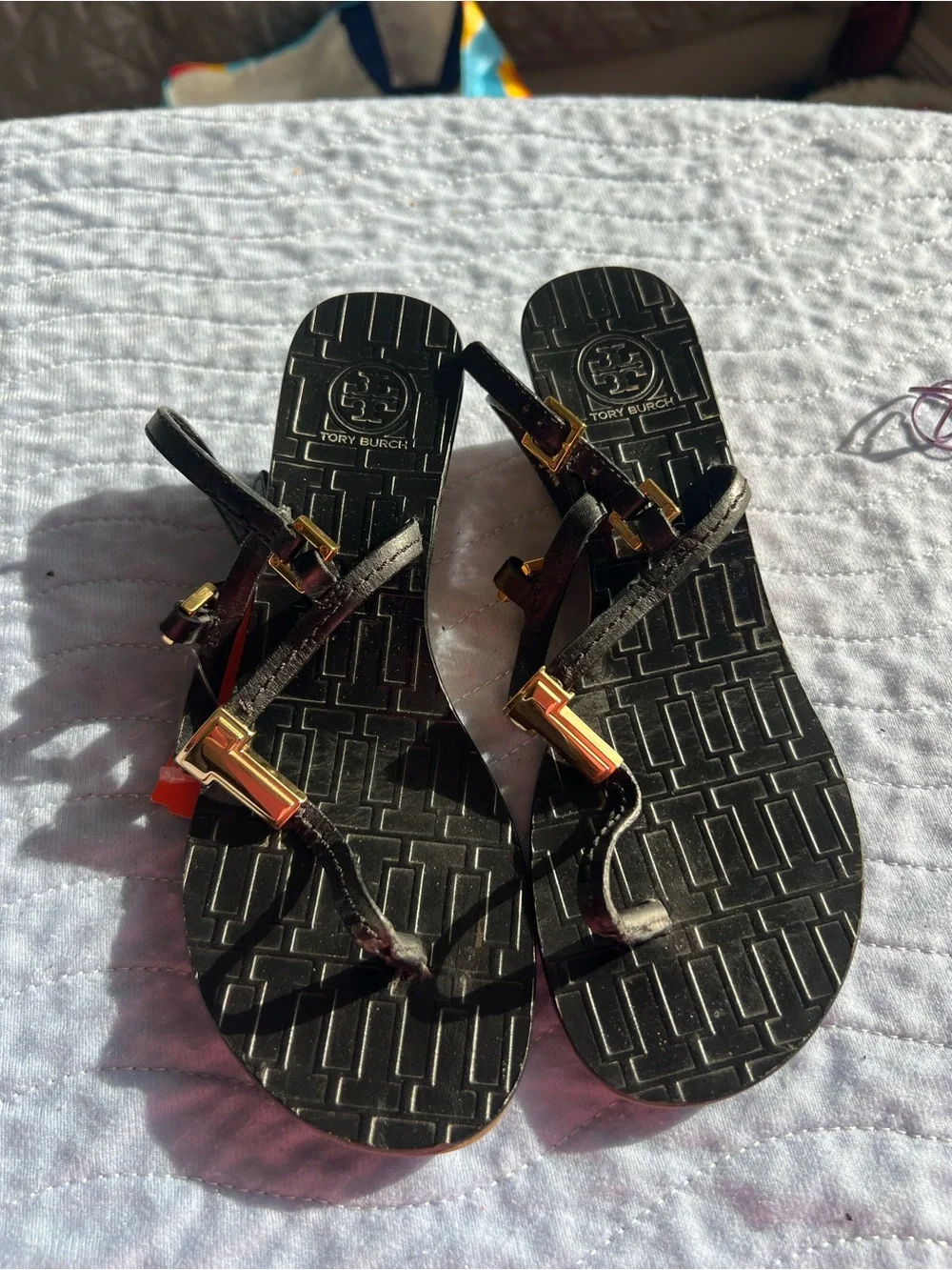 Tory Burch Black T-Strap Sandals with Gold Hardware